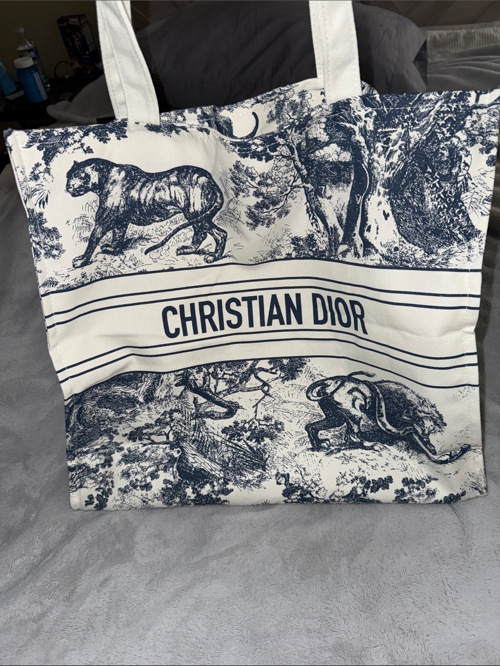 Dior Canvas Tote Bag in White and Navy Toile